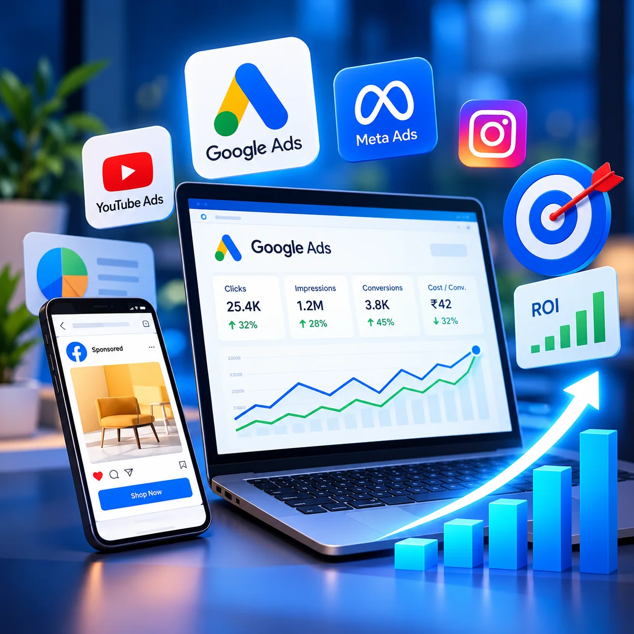 Google Ads, Meta Ads, YouTube Ads and Instagram campaigns with a Google Ads dashboard showing clicks, conversions and ROI growth