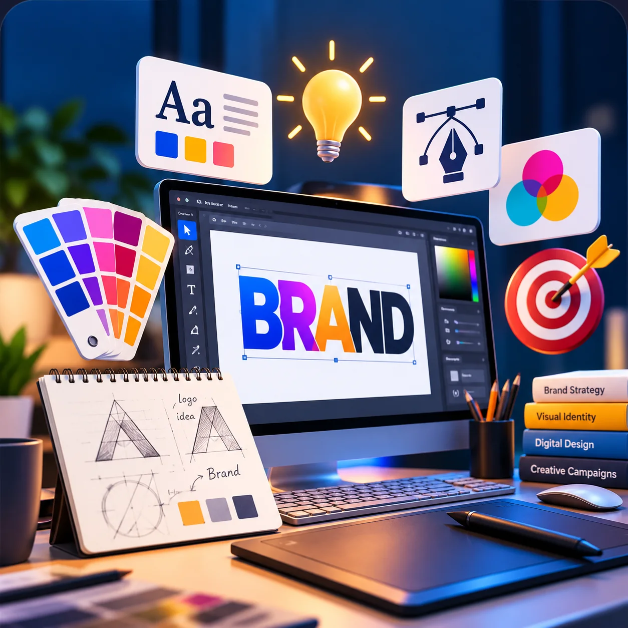 Branding and creative design desk with logo sketches, colour swatches, typography and brand strategy books
