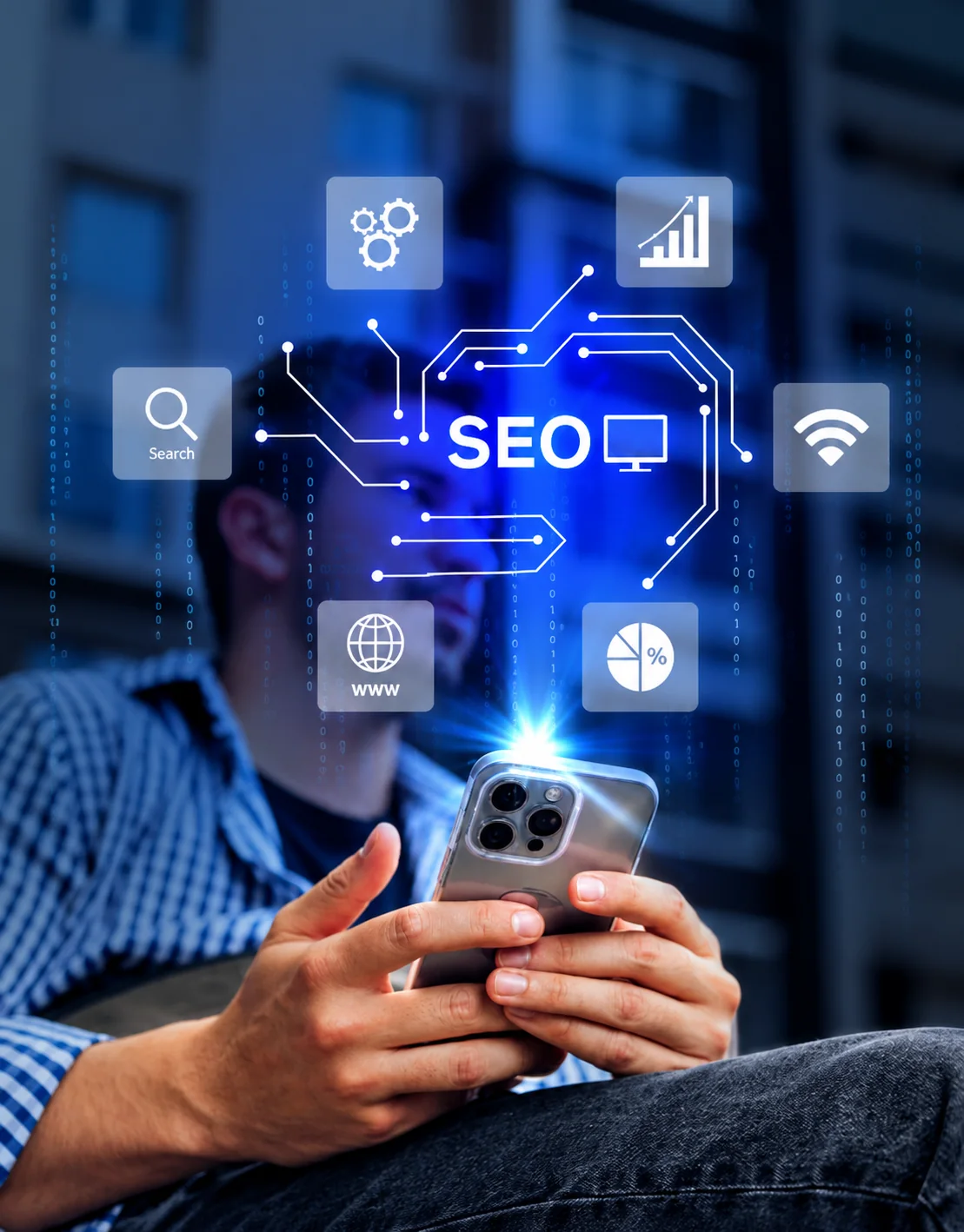 Person using a smartphone with SEO, search, analytics and website icons – SEO services in Perinthalmanna