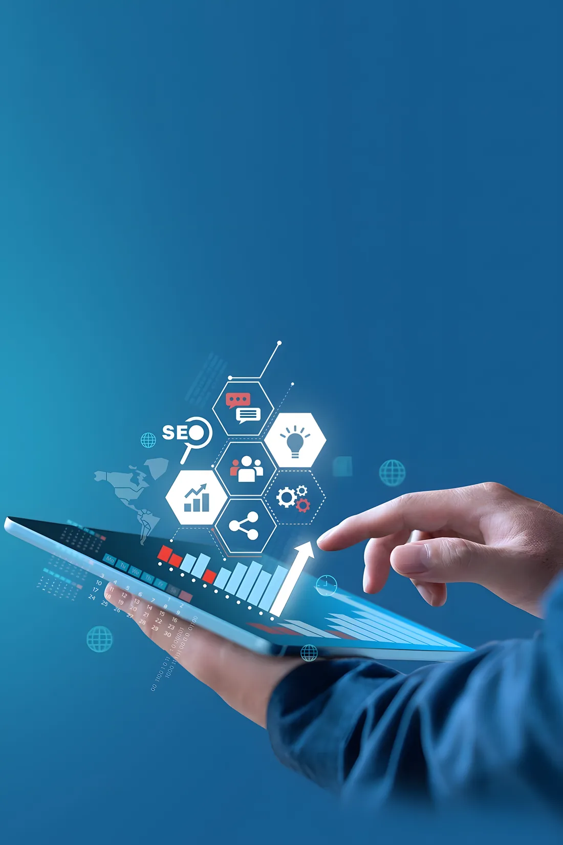 Hand using a tablet with SEO, analytics and social media icons for digital marketing in Perinthalmanna
