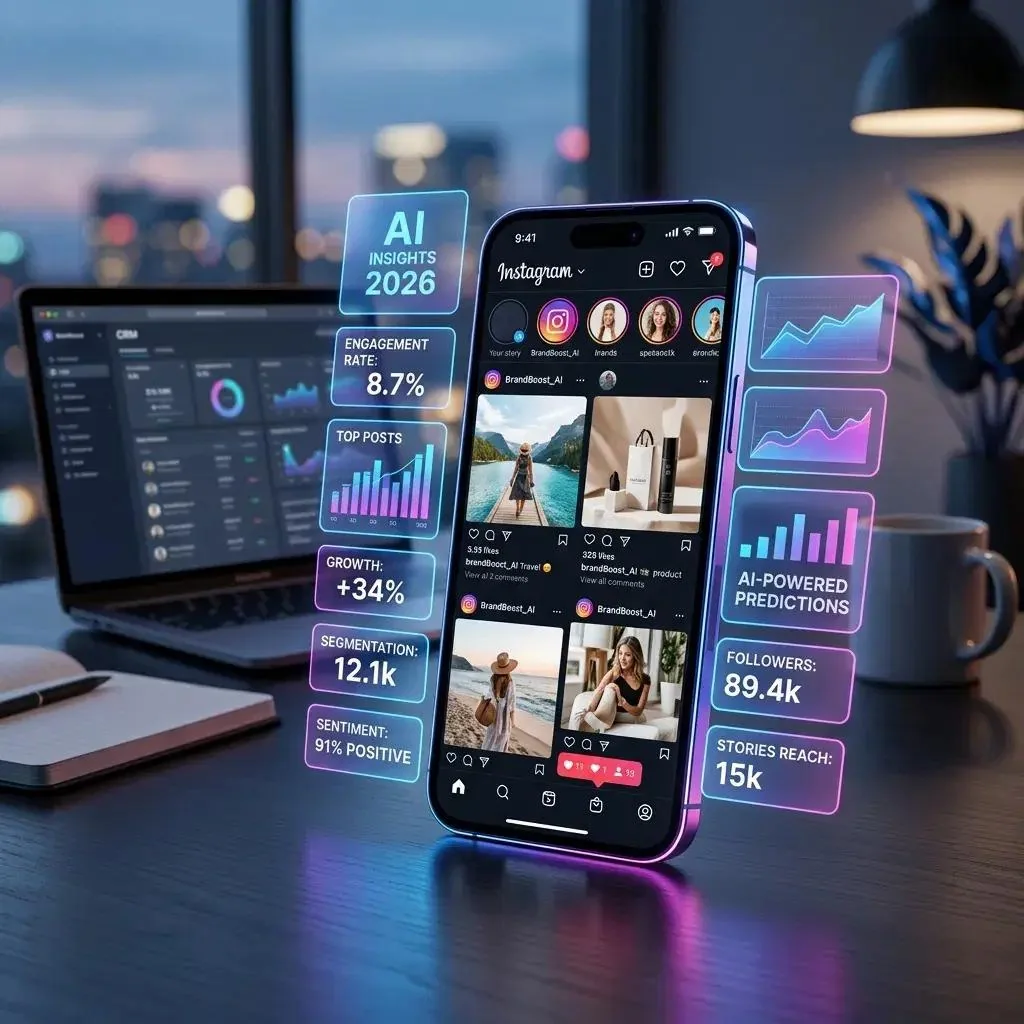 Smartphone with an Instagram feed and AI social media insights for engagement, growth and reach